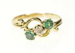 14K Yellow Gold Diamond Syn. Emerald Ornate Retro Bypass Ring