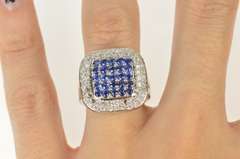 18K White Gold 2.18 Ctw Squared Sapphire Diamond Statement Ring