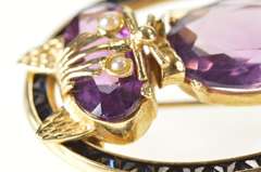 14K Yellow Gold Retro Amethyst Sapphire Pearl Cat Kitty Pin/Brooch