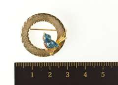 14K Yellow Gold Enamel Bird Robin Retro Circle Statement Pin/Brooch