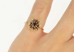 10K Yellow Gold Ornate Garnet Round Cluster Halo Cocktail Ring