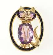 14K Yellow Gold Retro Amethyst Sapphire Pearl Cat Kitty Pin/Brooch