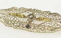 10K White Gold Art Deco Diamond Filigree Two Tone Leaf Pin/Brooch
