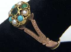 Old English Emerald, Turquoise, & Pearl Accent Ring