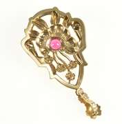 10K Yellow Gold Retro Ornate Floral Motif Syn. Ruby Statement Pendant