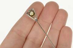 18K White Gold Pearl Black Enamel Art Deco Decorative Stick Pin