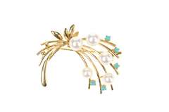 14K Yellow Gold Retro 1950's Pearl Turquoise Floral Bouquet Pin/Brooch
