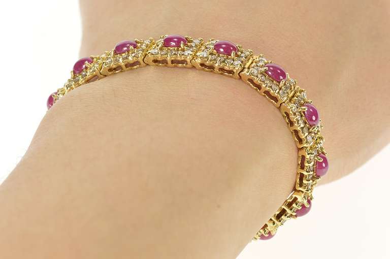 14K Yellow Gold 13.80 Ctw Ruby Cabochon Diamond Halo Tennis Bracelet