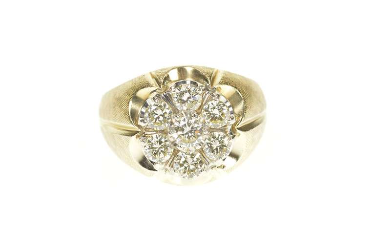 14K Yellow Gold 1.81 Ctw 1960's Round Diamond Cluster Men's Ring