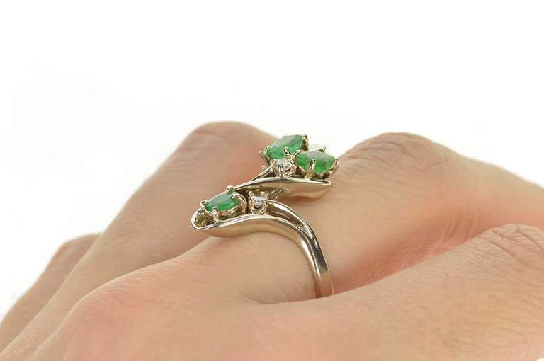 14K White Gold 0.96 Ctw 1940's Emerald Diamond Cocktail Ring