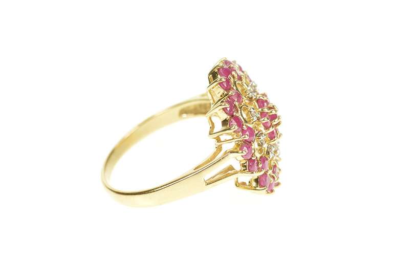 9K Yellow Gold Ruby Diamond Ornate Halo Filigree Cocktail Ring