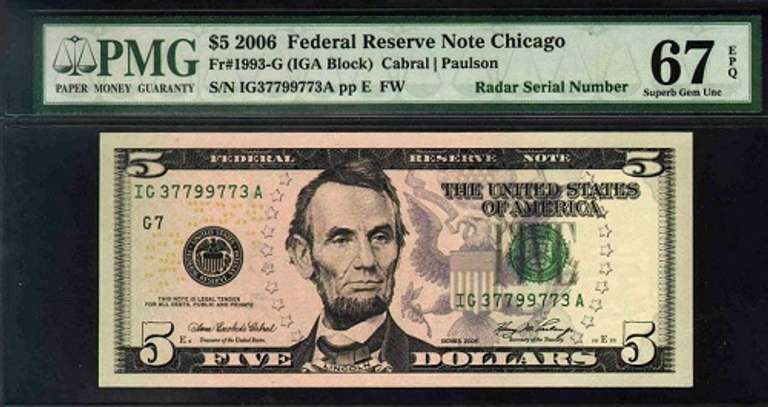 Gem Crisp 2006 Chicago $5  Federal Reserve Note Trinary-Palindrome-PMG Superb Gem New 67 EPQ!