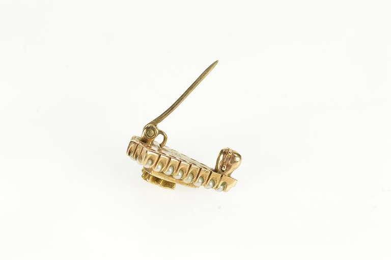 10K Yellow Gold Victorian Seed Pearl Black Onyx Stag Lapel Pin/Brooch