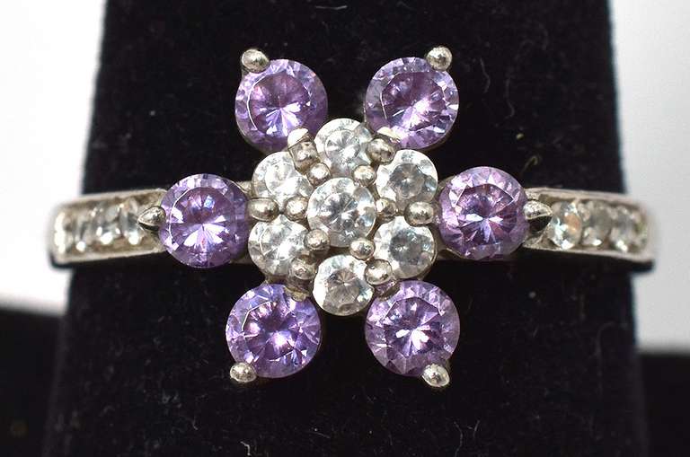 Sterling Silver Flower Ring With Purple and White Stones.