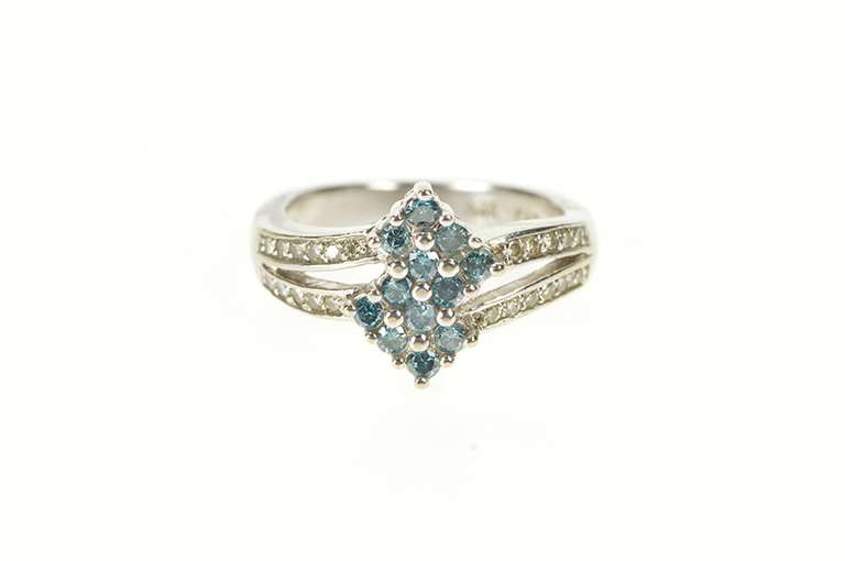 14K White Gold 0.46 Ctw Squared Blue Diamond Cluster Bypass Ring