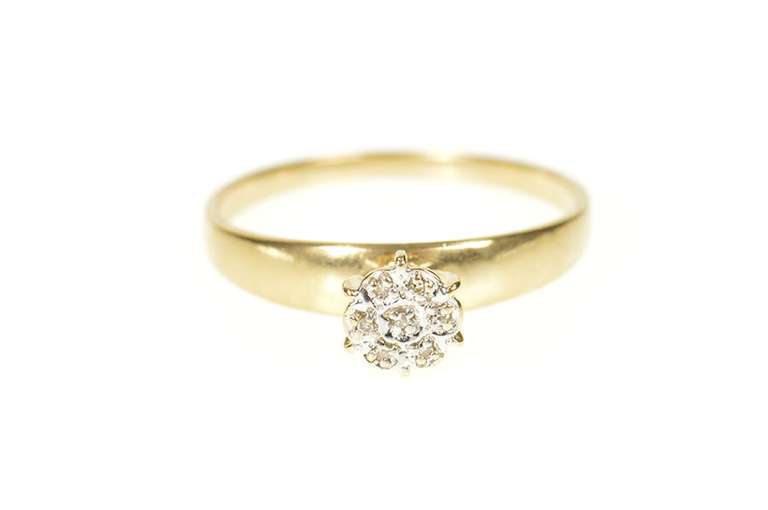 10K Yellow Gold Round Floral Diamond Statement Raised Cluster Ring