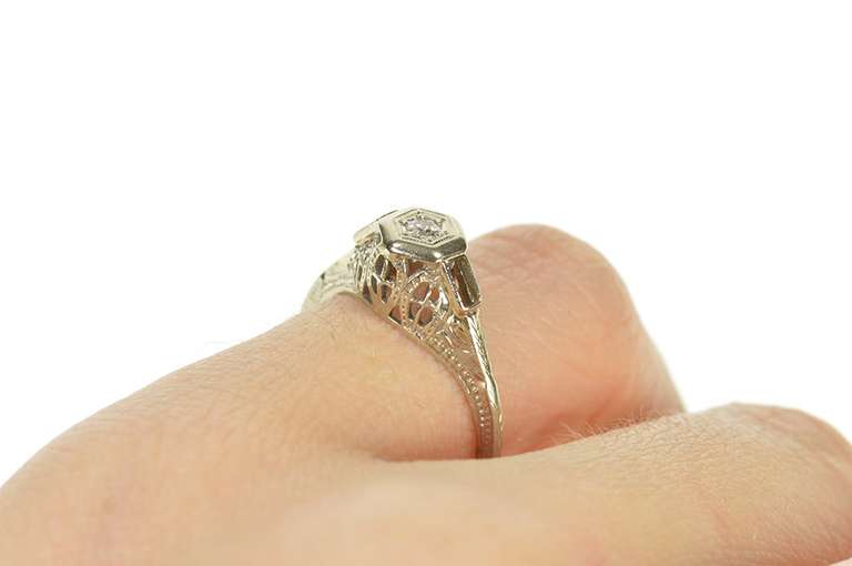 14K White Gold Art Deco Ornate Diamond Filigree Engagement Ring