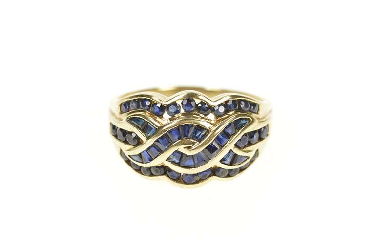 10K Yellow Gold Braid Channel Sapphire Twist Wavy Statement Ring