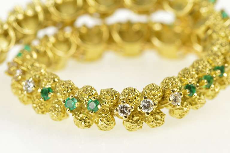 18K Yellow Gold 1.35 Ctw 1930's Emerald Diamond Nugget Link Bracelet