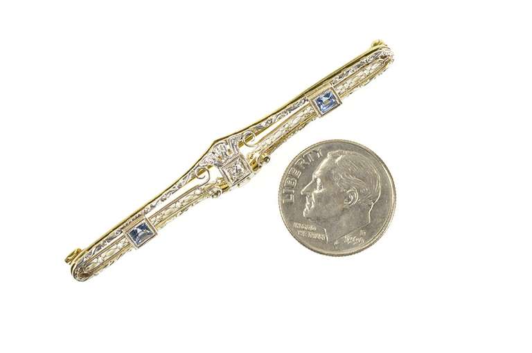 14K Yellow Gold Art Deco Filigree Diamond Syn. Sapphire Bar Pin/Brooch
