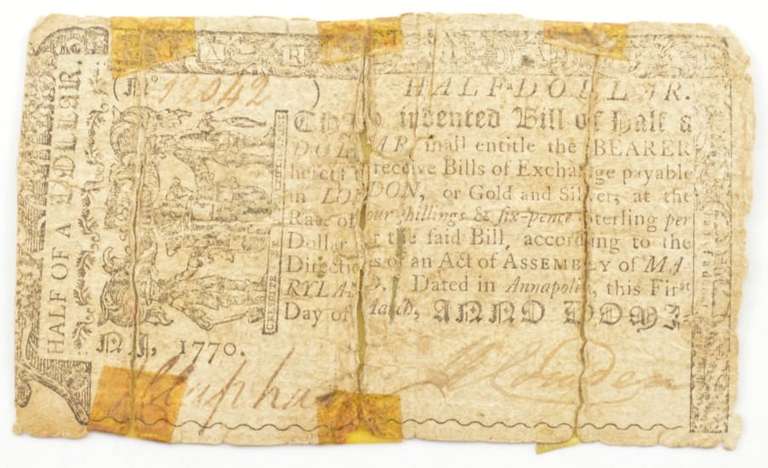 1770 Colonial Maryland - Annapolis Half Dollar Note