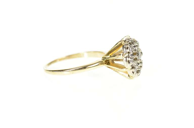 10K Yellow Gold Retro Ornate Diamond Round Raised Cluster Ring