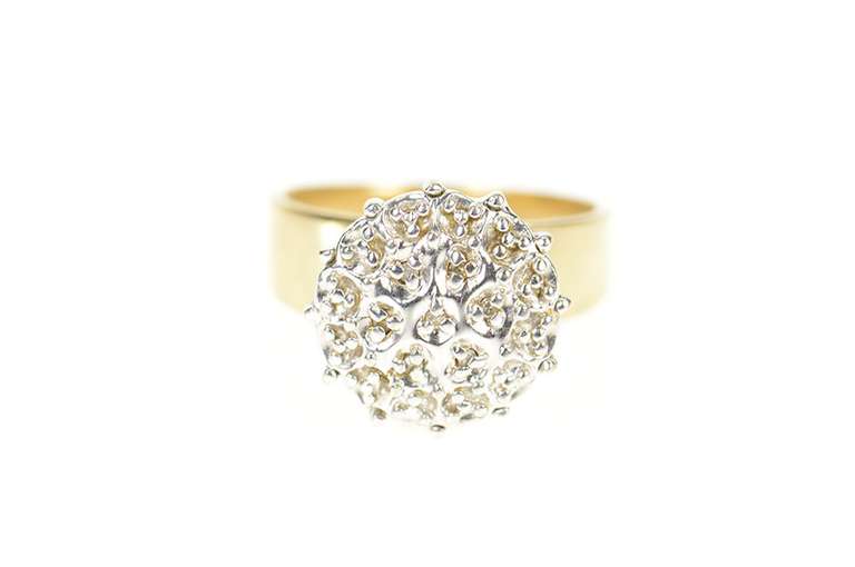 10K Yellow Gold Retro Round Diamond Cluster Raised Statement Ring