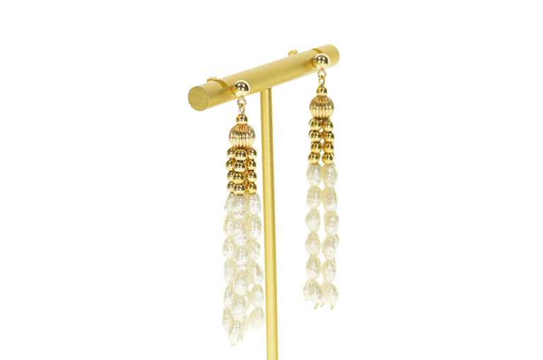 14K Yellow Gold Retro Pearl Fringe Dangle Ornate Statement Earrings