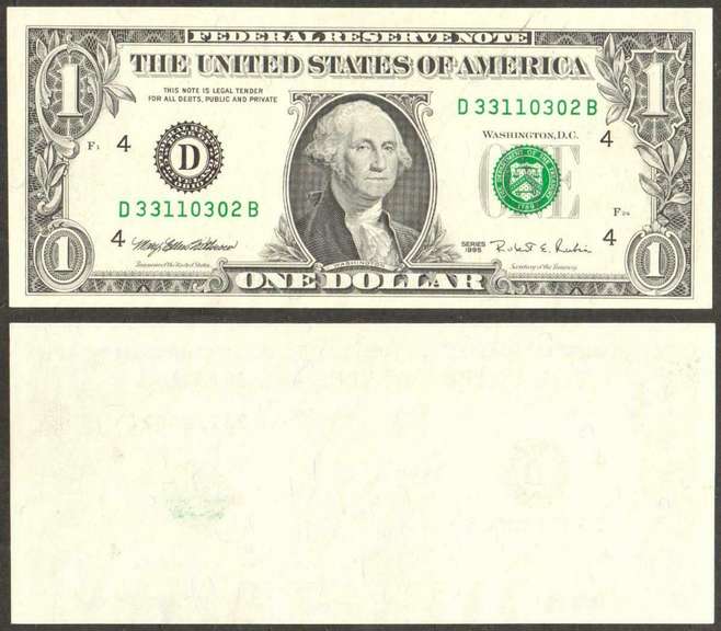$1 1995 FRN Blank Back Error with Fancy Serial Number Choice Crisp Uncirculated