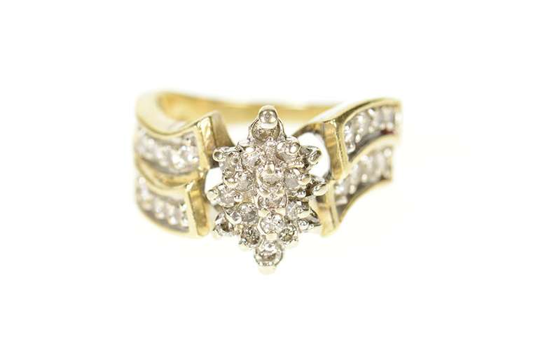 10K Yellow Gold Diamond Marquise Cluster Statement Bypass Ring
