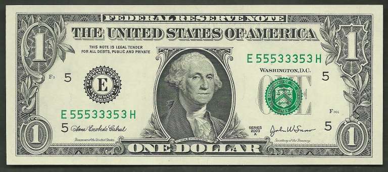 $1 1963-A FRN FANCY NUMBER B 65840000 E Very Ch New