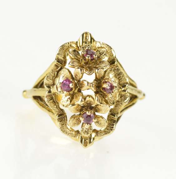 14K Yellow Gold 1960's Retro Ruby Flower Bouquet Cocktail Ring