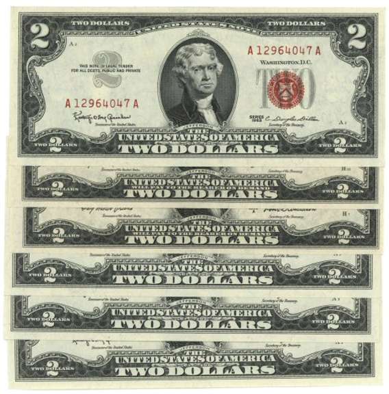 6 Superb Gem CU 1963 $2 Red Seals mostly sequential