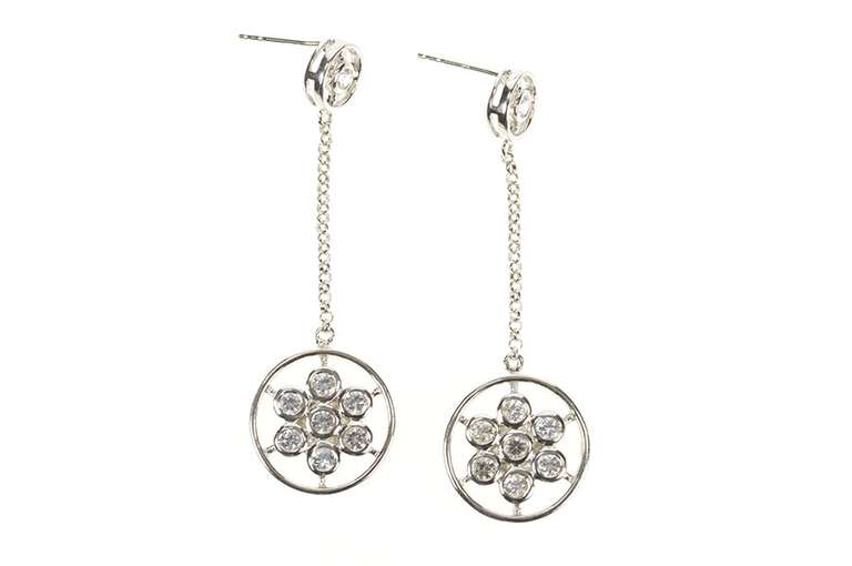 14K White Gold Round Floral Cluster Dangle Chain CZ Earrings