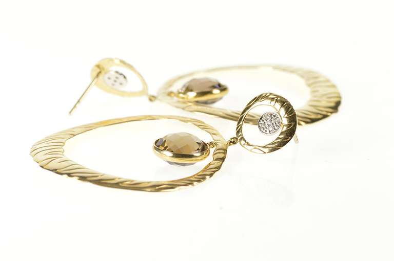 14K Yellow Gold Zebra Striped Smoky Quartz Diamond Statement Earrings