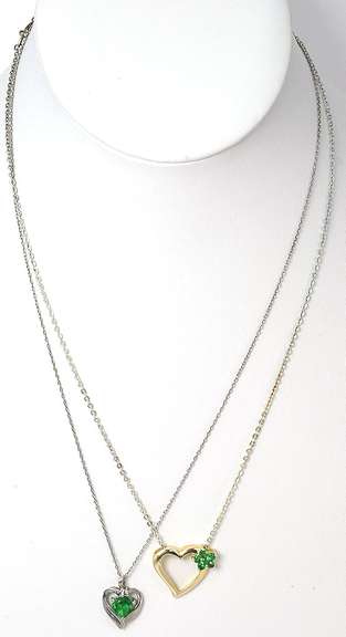 Lot of 2 Sterling Silver Heart Necklaces with Green Stones