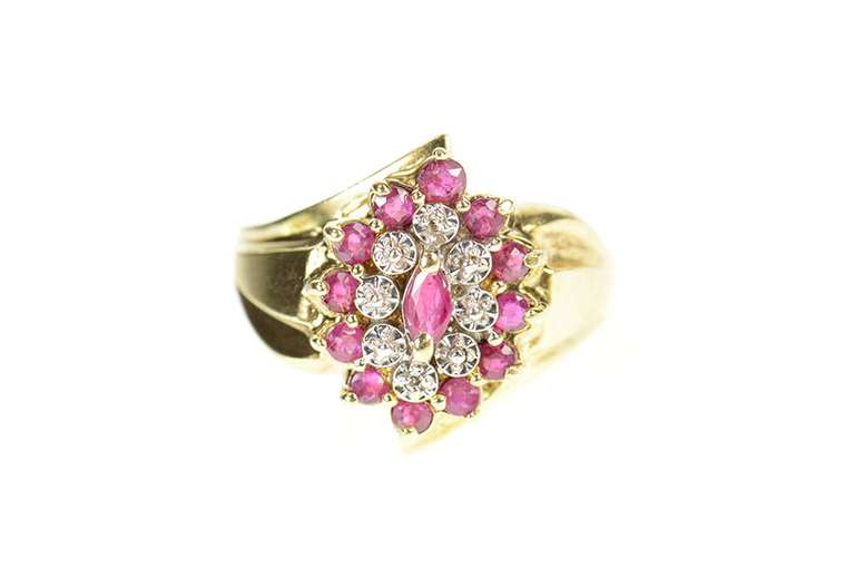 10K Yellow Gold Marquise Ruby Diamond Halo Cluster Cocktail Ring