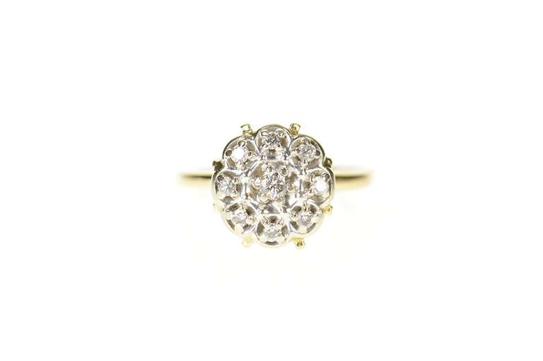 10K Yellow Gold Retro Ornate Diamond Round Raised Cluster Ring