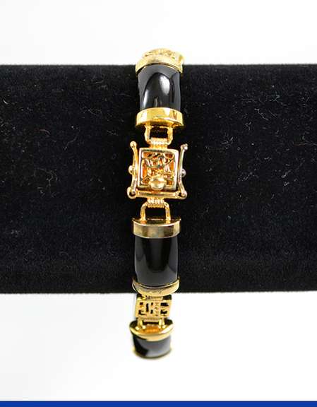 Gold Over Sterling Black Jade Bracelet With Chinese Symbols
