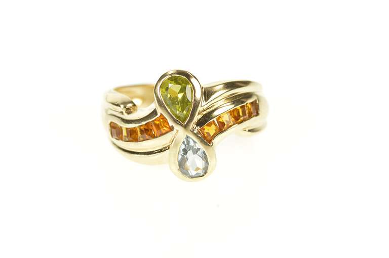 10K Yellow Gold Pear Blue Topaz Peridot Princess Citrine Ring