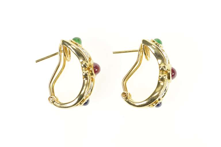 14K Yellow Gold Ruby Emerald Sapphire Diamond French Clip Earrings
