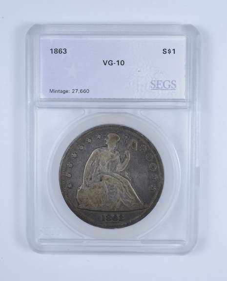 VG10 1863 Seated Liberty Silver Dollar - Graded by SEGS