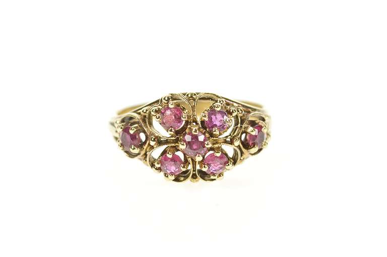 14K Yellow Gold Victorian Ruby Inset Floral Ornate Statement Ring