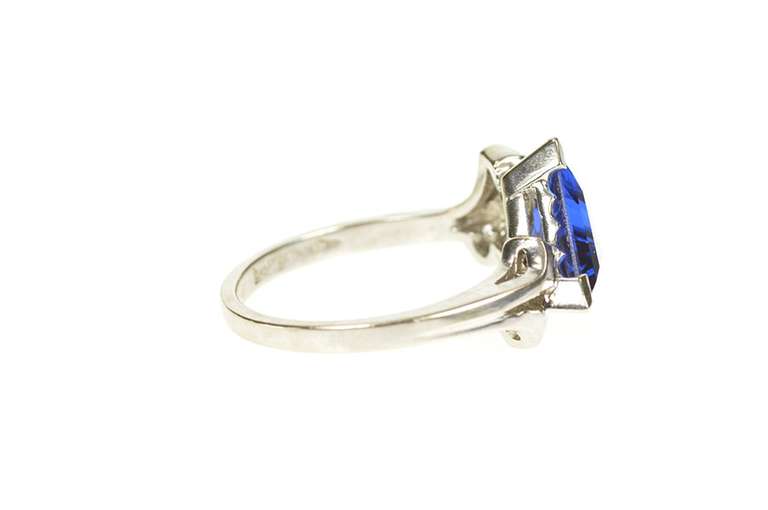 10K White Gold Trillion Syn. Sapphire CZ Retro Statement Ring