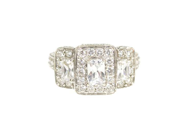 10K White Gold Ornate Emerald Cut Halo Travel Engagement Ring