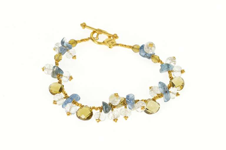 18K Yellow Gold Citrine Blue Topaz Quartz Fringe Statement Bracelet