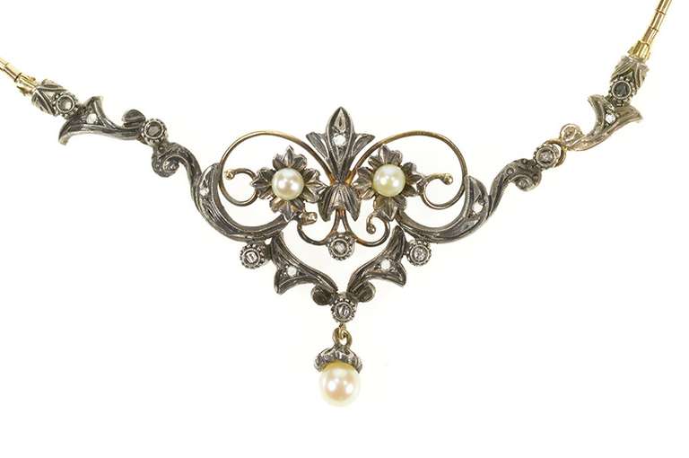 14K Yellow Gold Edwardian Diamond Pearl Scroll Pendant Necklace