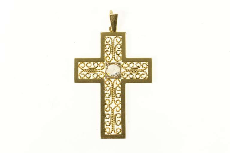 18K Yellow Gold 0.22 Ct Rose Cut Diamond Filigree Cross Pendant