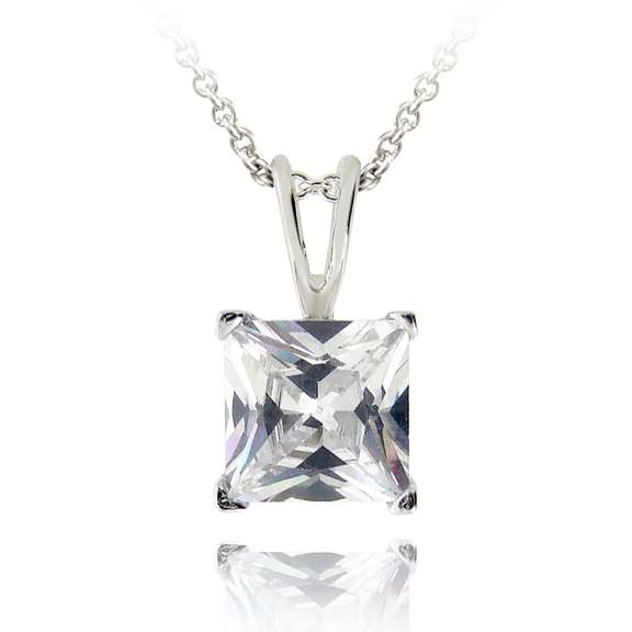 Silver Tone 2ct CZ Square Solitaire Necklace, 7mm