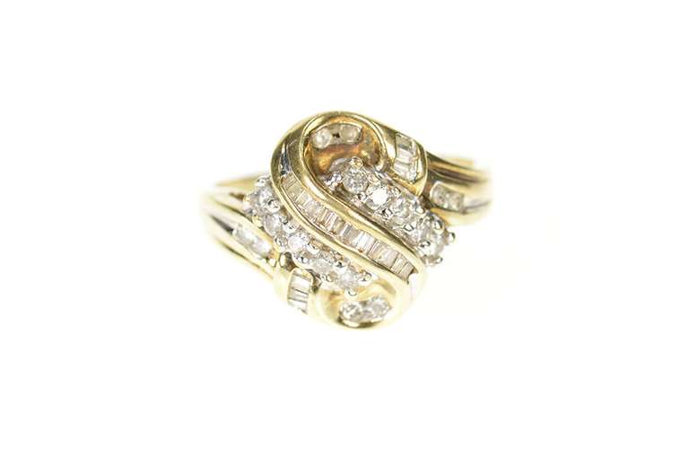 10K Yellow Gold Wavy Diamond Encrusted Curvy Statement Ring